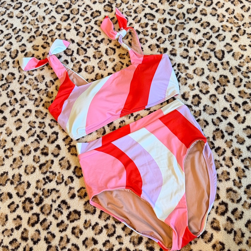 Hermoza Pink Red White Swirl High-Waist Bikini Set